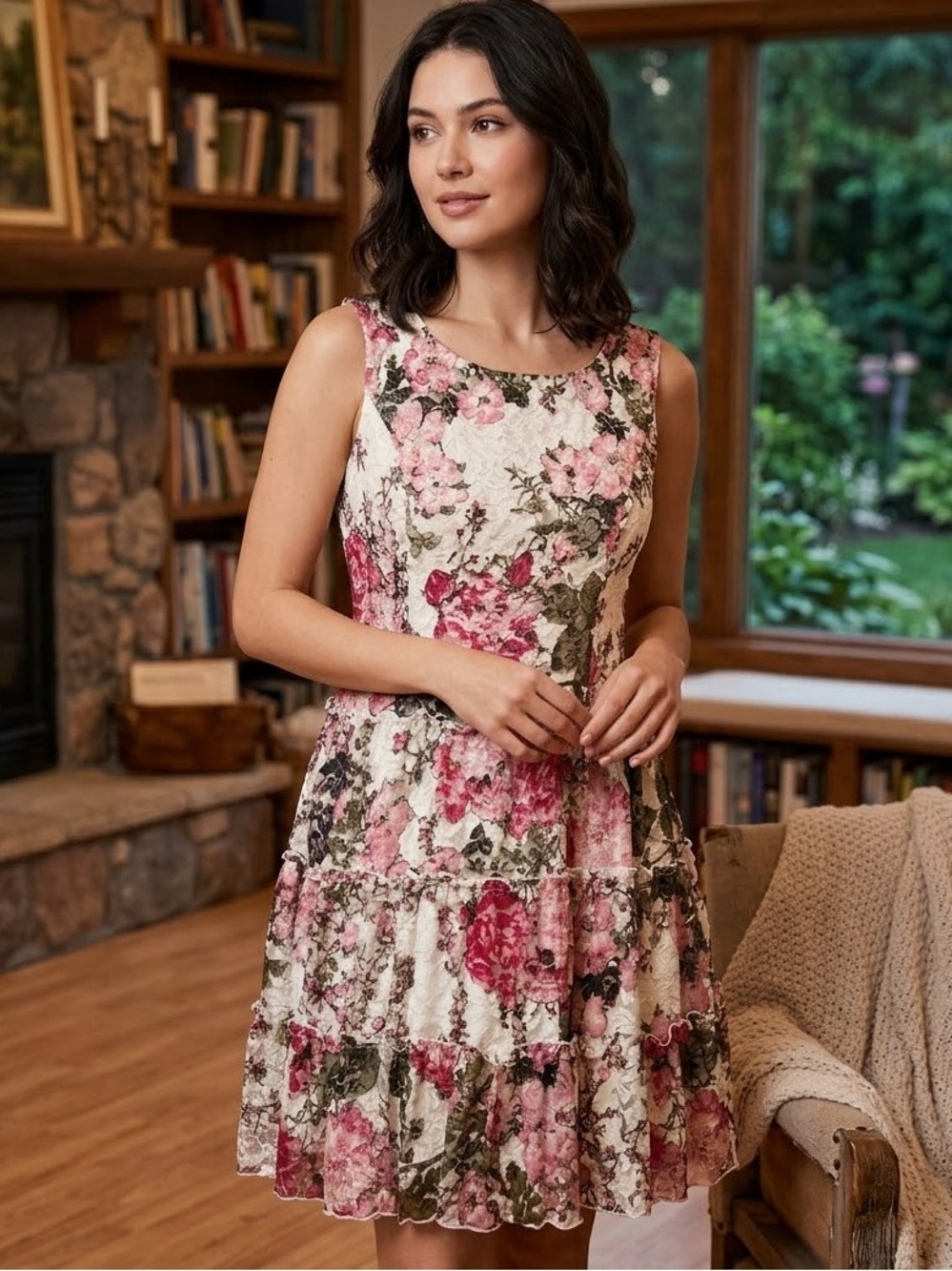 connected apparel Cream Floral lace Tiered Mini Dress Pink & Green Blossoms 14